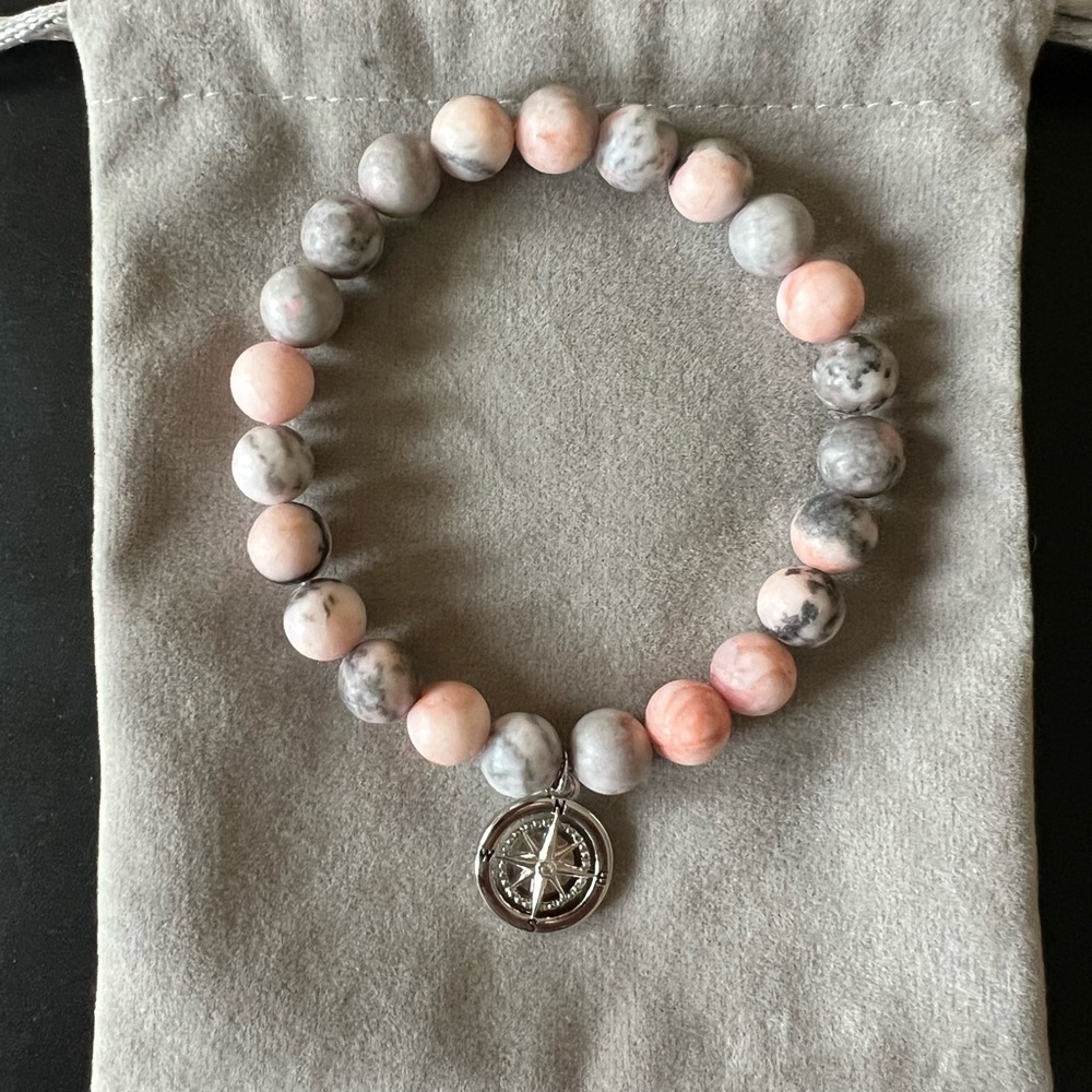 Pink and Gray Beaded Bracelet with Metallic Charm